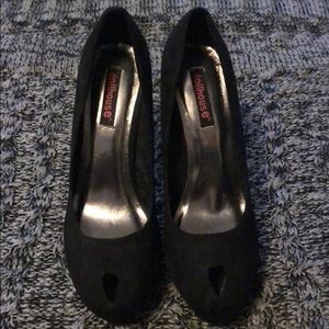 Black suede peep toe heels